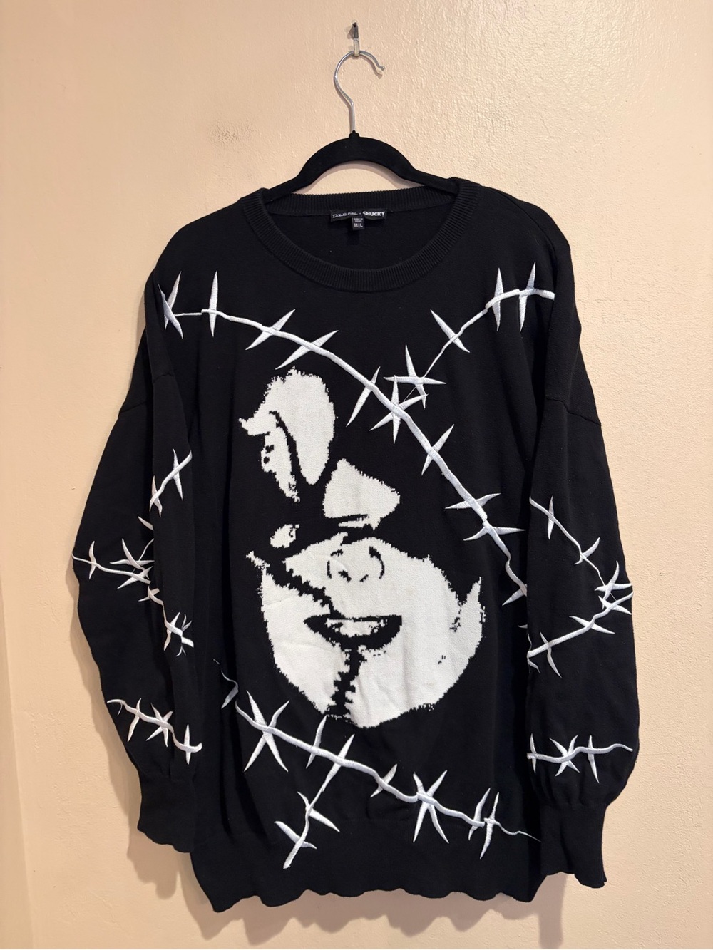Dolls Kill X Chucky Black Crew Sweater w/ Barbed Wire & Silhouette of Chucky